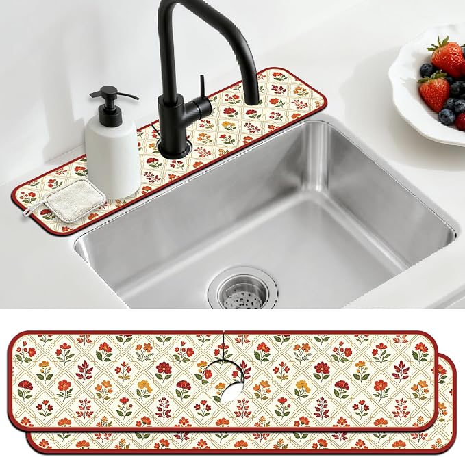 2 Pcs Kitchen Sink Splash Guard Faucet Mat Artistic Floral Design Faucet Mat by CONCHLERY%E6%97%97%E8%88%B0%E5%BA%97