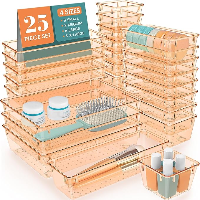 25 PCS Plastic Drawer Organizer Set, Makeup Organizers and Storage Bins | 4 by WOWBOX