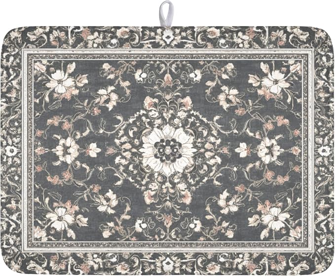 Giwawa Boho Floral Dish Drying Mat Grey Leaves Dishes Drainer Pad 18x24 Inch by Giwawa