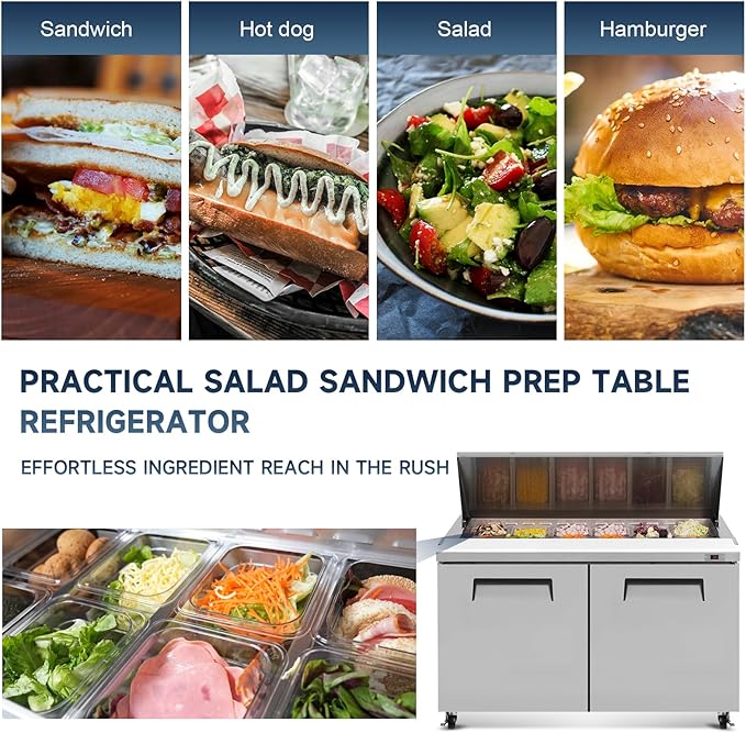 60"W Commercial Sandwich Prep Table Refrigerator - Stainless Steel Door with 16 Pans, 18 Cu.Ft Capacity, Auto Defrost, Digital Temperature Control for Restaurants, Delis, Catering & Convenience Stores
