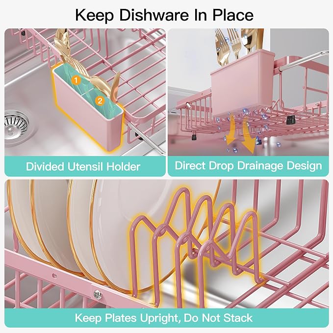 JASIWAY Pink Dish Drying Rack Over the Sink - Image 8