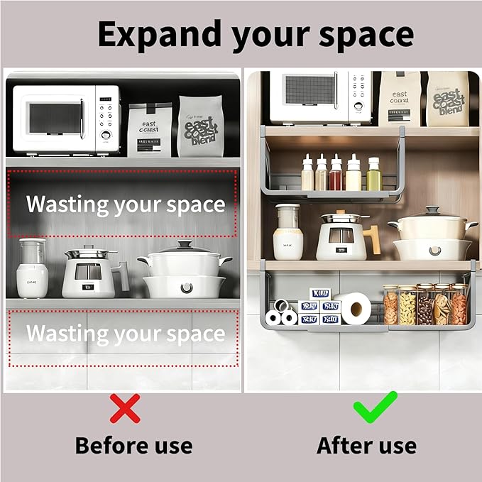 Expandable Hanging Storage Racks for Kitchen Cabinet ，Pantry & Cupboard Under Shelf Basket Organizer (White)