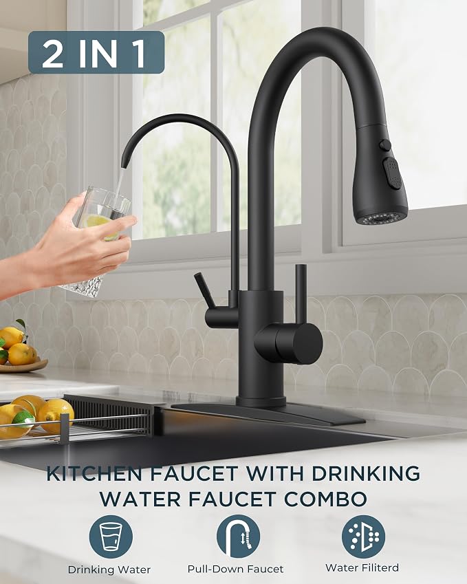 FORIOUS Kitchen Faucets with Purified Water, High Arc 2 Handle, 2-in-1 Pull - Image 2