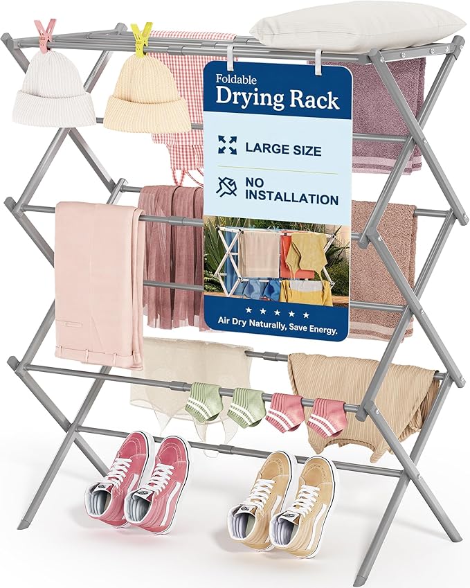 Oversize 3-Tier Clothes Drying Rack, No Install, Non-slip feet, Tool-free Setup by APEXCHASER