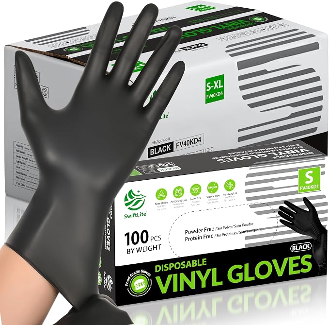 Black Vinyl Gloves, Food Grade Gloves Disposable Latex Free | Powder Free by SWIFTLITE