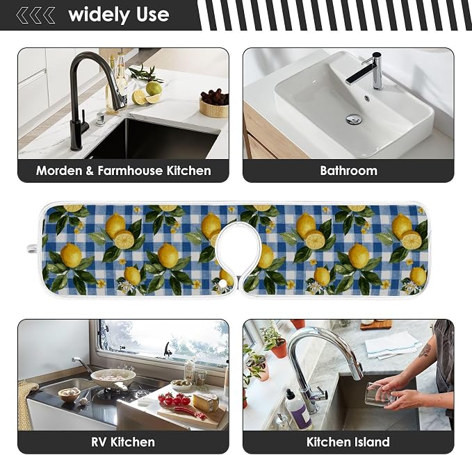 Blue Gingham Summer Lemons Yellow Dandelions Sink Mat - Image 7