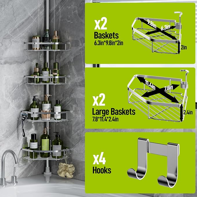 LAMU Corner Shower Caddy Tension Pole, 4-Tier Stainless Steel Organizer - Image 5