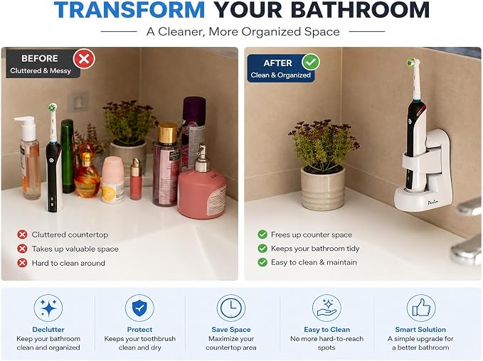 Perlin Electric Toothbrush Holder Wall Mount No Drilling Self Adhesive - Image 3