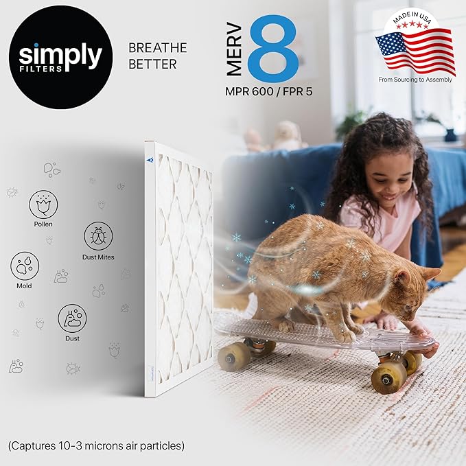 Simply 19x20x1 Air Filter, Merv 8, 6 Pack, For Home AC Furnace & HVAC (Actual Size: 18.75"x19.75"x0.75") DUST, Pet, & Allergy Control