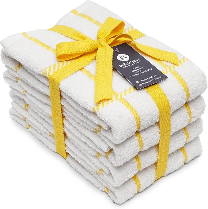 100% Cotton Terry Dish Towels, 4 Pack Checks, 16 x26 Inches, Super Soft and by Ecotribe