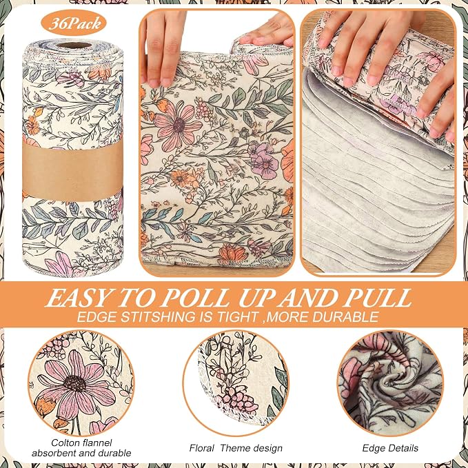Reusable Kitchen Cloths Cotton Towel, 36 Pack, Cute Wildflower - Image 6