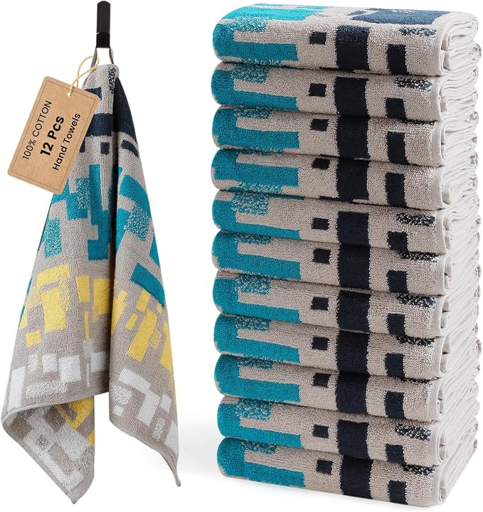12-Pack Cotton Hand Towels for Bathroom, Hanging Loops, Geometric Pattern | by SEMAXE