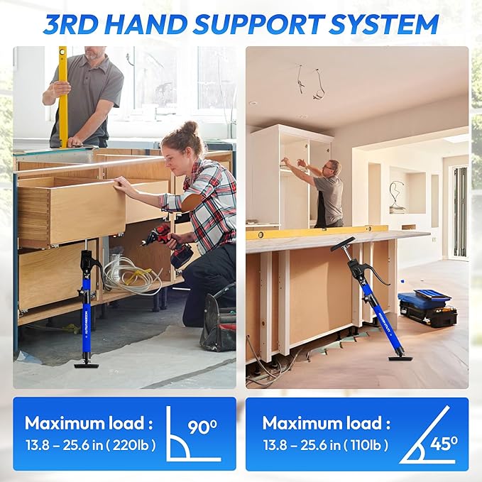 Adjustable Cabinet Jacks for Installing Cabinets (14.2-23.2 Inches 2 Pack) Heavy Duty 200 lb Metal Quick Support Rod & Third Hand Support System with Swivel Non-Slip Pads for Drywall and Ceilings.