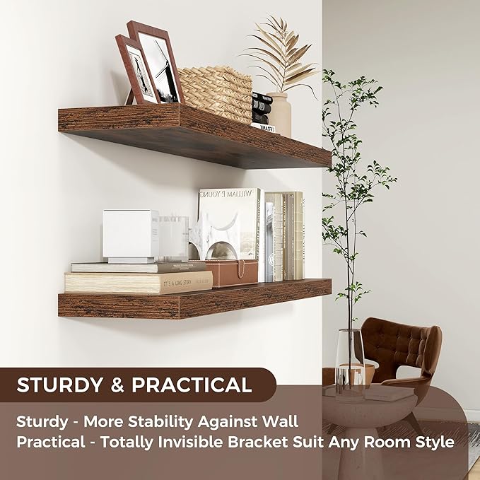 Floating Shelves for Wall 36"W x 7.8"D x 1.5"H, Engineered Wood Wall Shelves with Invisible Brackets for Living Room Bedroom Bathroom Office Kitchen Decor and Storage, Rustic Brown Finish, Set of 2