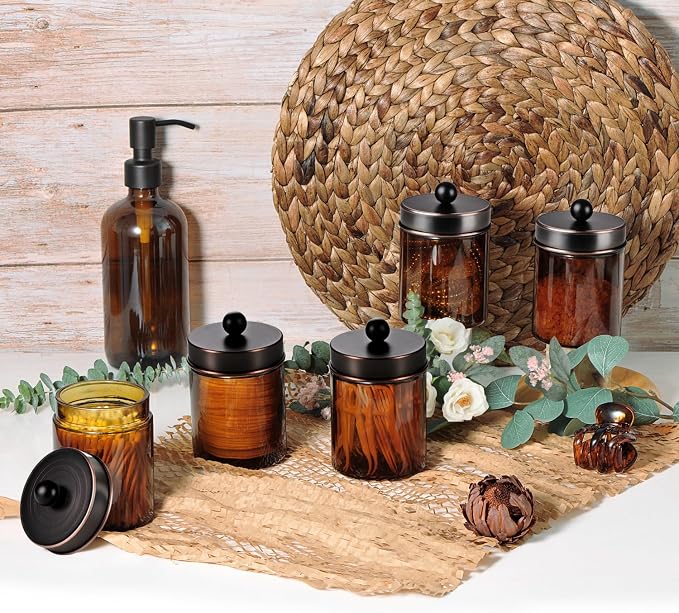 Amolliar Amber Glass Apothecary Jars Qtip Holder w/Metal Lids, ORB 2pc - Image 7