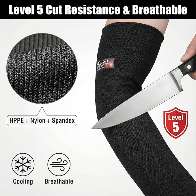 Cut Resistant Sleeves With Thumb Hole, Arm Protectors For Thin Skin And Bruising, Kevlar Sleeves Arm Protection For Women, Men, Elderly (17.7in, Black)