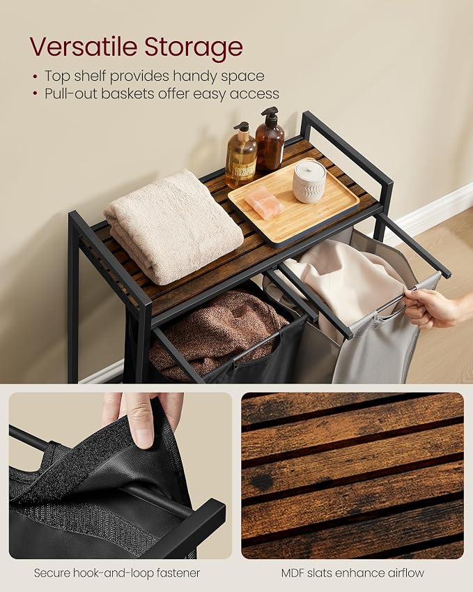 VASAGLE Laundry Hamper with Shelf, 2 Pull-Out Bags, 2 x 12.1 Gallons - Image 4