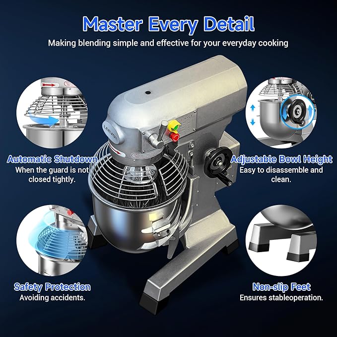 EKway10Qt Commercial Food Mixer with Timing Function,500W Industrial Stand Mixer 3-Speed Adjustable & Stainless Steel Bowl,Heavy Duty Dough Mixer for Bakery Pizzeria. (Standard)