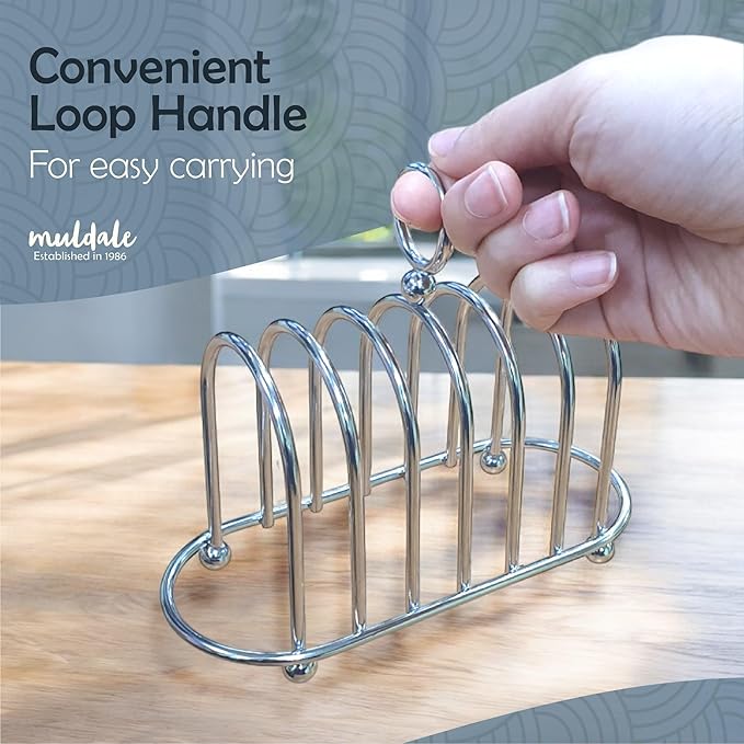 Muldale Toast Rack English Style - Victorian Chrome Holder for 6 Slices - Vintage Sturdy Stainless Steel Toast Stand with Ball Feet - British Caddy - 0.5" Wide Gap