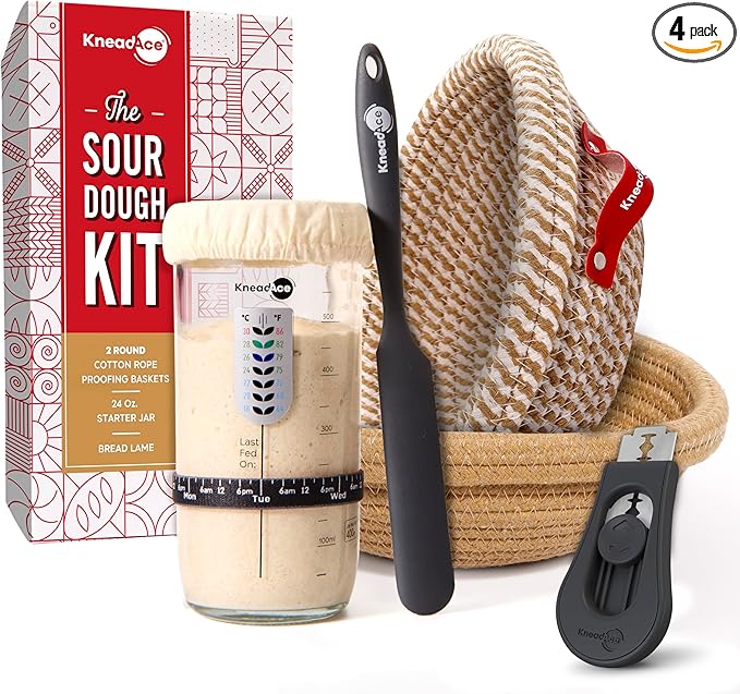 KneadAce Sourdough Starter Kit – 24oz Starter Jar, 2 Cotton Rope Banneton Proofing Baskets, Magnetic Bread Lame for Scoring – Gift for Bakers & Complete Sourdough Bread Baking Set