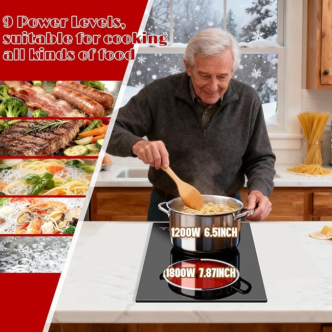 Karinear 2 Burner Electric Cooktop, 12 Inch Ceramic Glass Stove Top 3000W, Touch Control with 9 Power Levels, Timer & Child Safety Lock,Pause, for All Cookware, 240V Hardwired Drop-in Install