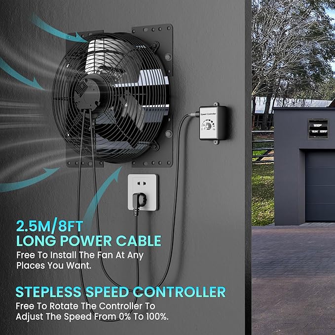 HG Power 14 Inch Attic Fan with Speed Controller, 1294 CFM Shutter Exhaust Fan with EC Motor, Wall Mounted Greenhouse Fan for Shed, Basement, Gable, Chicken Coop Ventilation Use, Black
