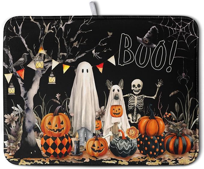 Halloween Dish Drying Mat for Kitchen Counter 18x24 Inch Black Ghost Pumpkins by Kwlegh