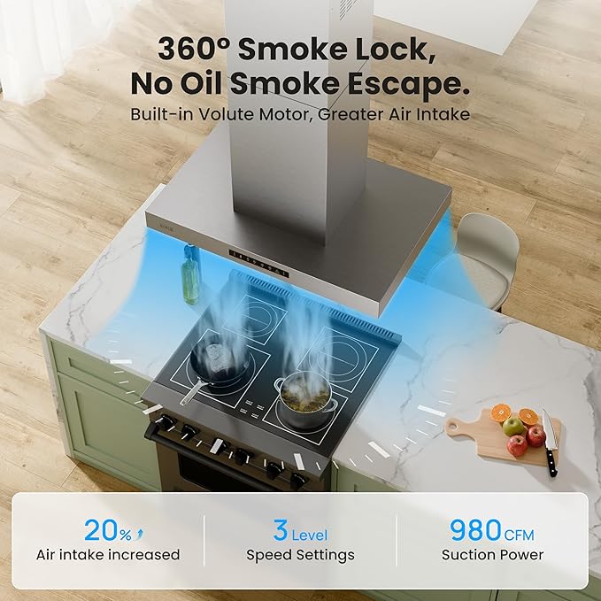 Island Range Hood 42 Inch, 980 CFM Island Mount Range Hood with Dual-Sided Touch/Gesture Control, Ceiling Mount kitchen Hood, Convertible Ducted/Ductless, 3-Speed Fan&4 LED Lights, 4 Baffle Filters
