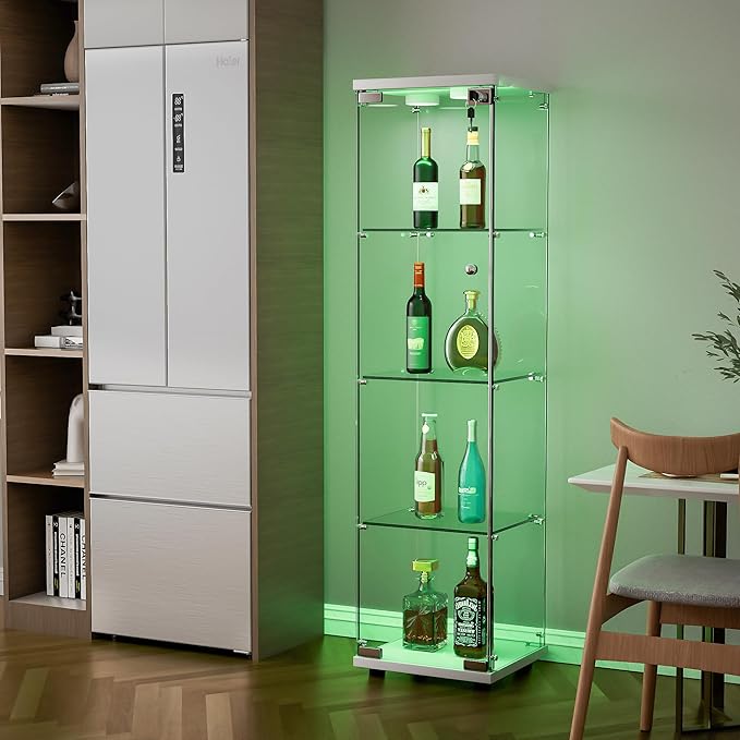 Yoluckea 4 Shelves Glass Display Cabinet with LED Light and Door, Floor Standing Clear Glass Curio Cabinet Collection for Living Room Bedroom 64.7”x16.7”x 14.3” White(Upgrade Assembly)