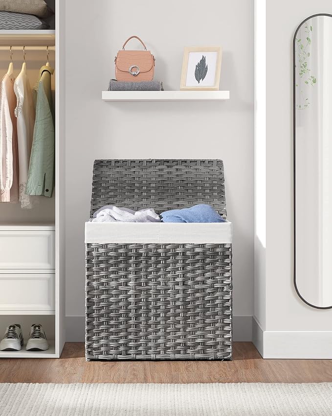 SONGMICS Laundry Hamper with Lid, 130L Double Wicker Basket, 6 Mesh Bags - Image 9