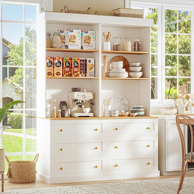 71" Tall Farmhouse Kitchen Pantry, Large Storage Cabinet with Drawers, Freestanding Coffee Bar Hutch with Microwave Stand, Adjustable Shelves for Kitchen, Living Room, White 3 Pcs