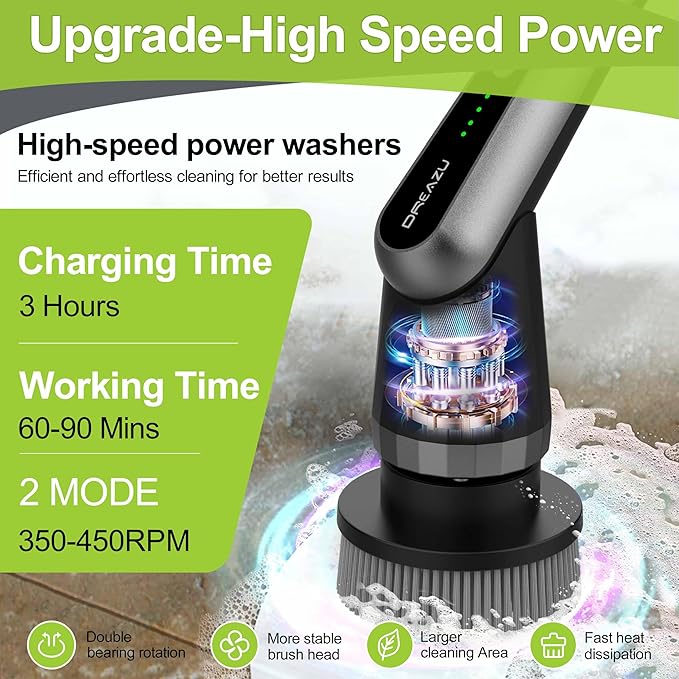Dreazu Pro Electric Spin Scrubber, 10-in-1 Shower Scrubber & Retractable Long - Image 6