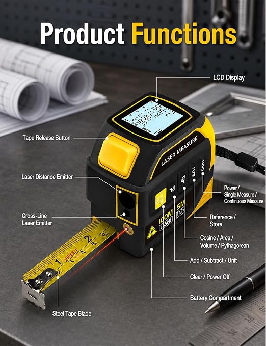 4-in-1 Laser Tape Measure, 328FT Laser Distance Meter - Image 8