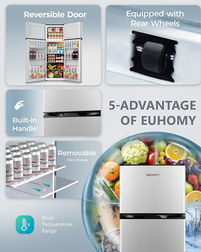 EUHOMY 7.4 Cu.Ft. Refrigerator with Freezer, 2 Door Fridge, Large Capacity,Adjustable Thermostat, Refrigerator for Kitchen/Dorm/Apartment/Garage - Food Storage or Cooling drinks, Silver