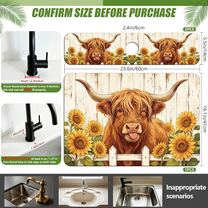 3 Pcs 2 Size Kitchen Sink Splash Guard Faucet Mat Highland Cow Pattern Faucet - Image 2