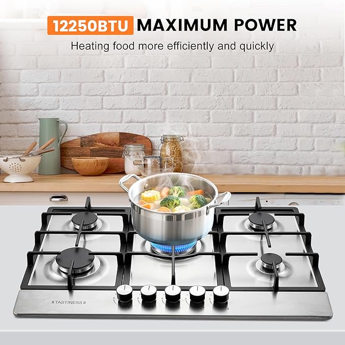 30 inch Gas Cooktop, Stove Top with Built-in 5 Burners, 304Stainless Steel Bulit-in Kitchen Stove, NG/LPG Convertible Gas Stovetop with Thermocouple Protection