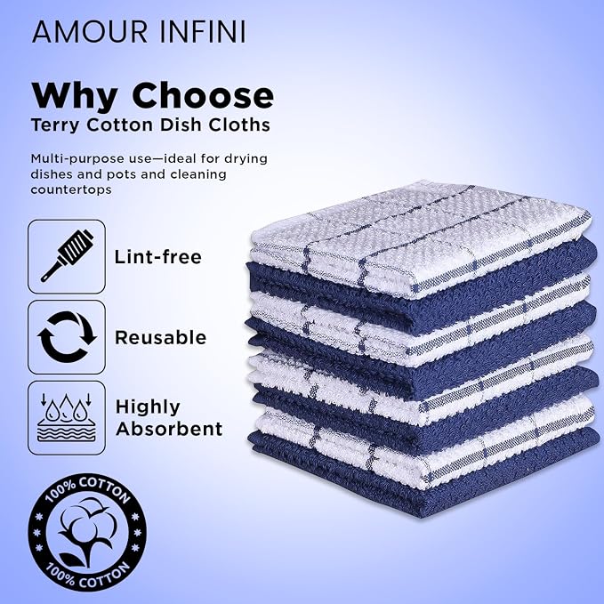 AMOUR INFINI Cotton Kitchen Dish Cloths Set of 8 – Highly Absorbent, Super Soft - Image 3