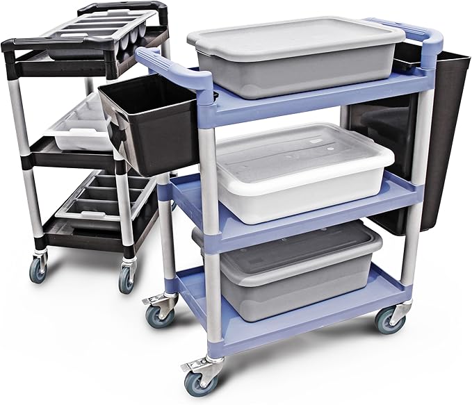 New Star Foodservice 54569 350-Pound Plastic 3-Tier Utility Bus Cart with Locking Casters, 42.5 "x 19.5" x 38.5", Gray