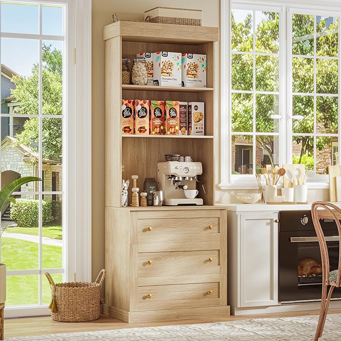 71" Tall Farmhouse Kitchen Pantry, Large Storage Cabinet with Drawers, Freestanding Coffee Bar Hutch with Microwave Stand, Adjustable Shelves for Kitchen, Living Room, Brown 4 Pcs