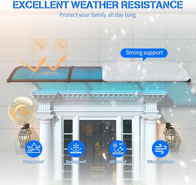 Awning for Door Entrance with Drainage Sink,32x48 Inch Awnings for Doors,Window Canopy Exterior with Plastic Steel Bracket,Polycarbonate Cover,UV,Rain,Snow Protection for House,Porch,Patio,Deck