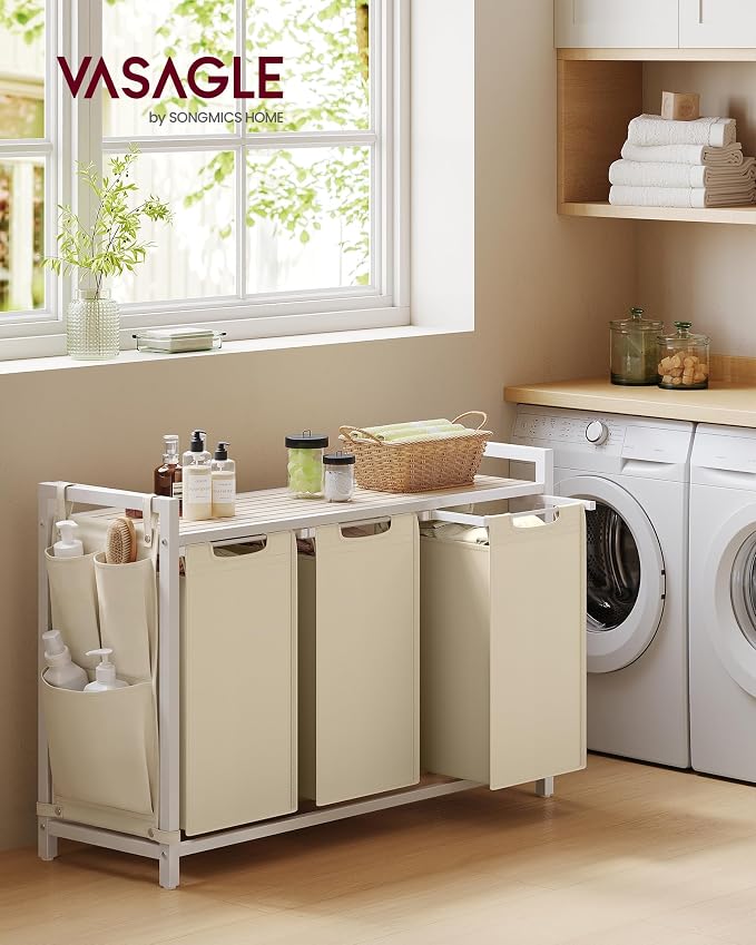 VASAGLE Laundry Hamper with Shelf, 3 Pull-Out Bags, 3 x 10.6 Gallons - Image 2