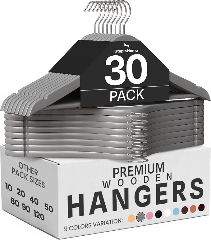 Utopia Home Wooden Hangers 30 Pack – Slim Suit Hangers Grey | 360° rotatable by UTOPIAHOME