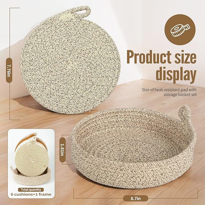 Hot Pads for Quartz Countertops with Storage Basket | 6-Pack 8-Inch Cotton Trivets for Hot Dishes & Pots | Machine Washable Farmhouse Kitchen Decor