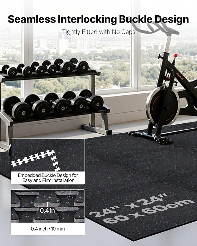 VEVOR 0.4Inch 96sq.ft 24 Tiles Gym Flooring for Home Gym, Rubber Top with High Density EVA Foam, 24 x 24In Gym Floor Exercise Equipment Mats, Interlocking Gym Mats, Puzzle Workout Mats, Black & Blue