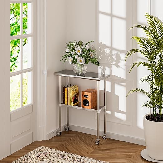 Stainless Steel Table with Wheels 14 x 30 Inches Metal Prep Table with Adjustable Undershelf & Casters for Commercial Kitchen, Outdoor, Restaurant, Hotel & Garage