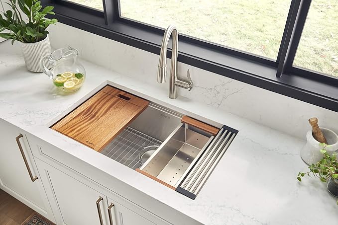 Ruvati 33-inch Round Corner Undermount 16 Gauge Stainless Steel Workstation Kitchen Sink Single Bowl – Soundproof Multifunction Chef Sink with Cutting Board & Accessories – RVH8303
