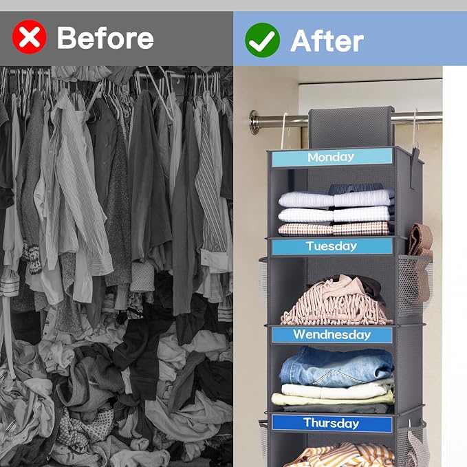 Fixwal Weekly Kids Clothes Organizer 2 Pack 6-Shelf Hanging Storage | Nonwoven - Image 7