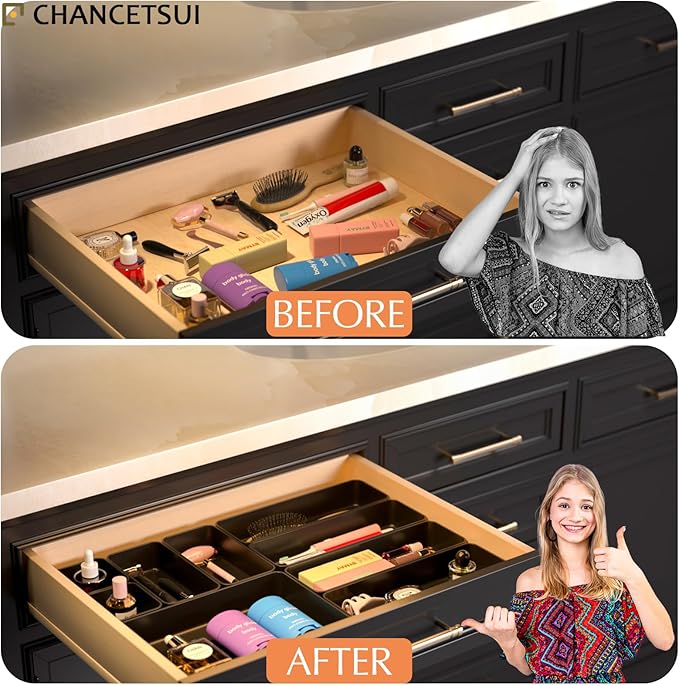 Black Bathroom Drawer Organizer Trays: 9 PC Stackable Desk Organizers Bin | - Image 6