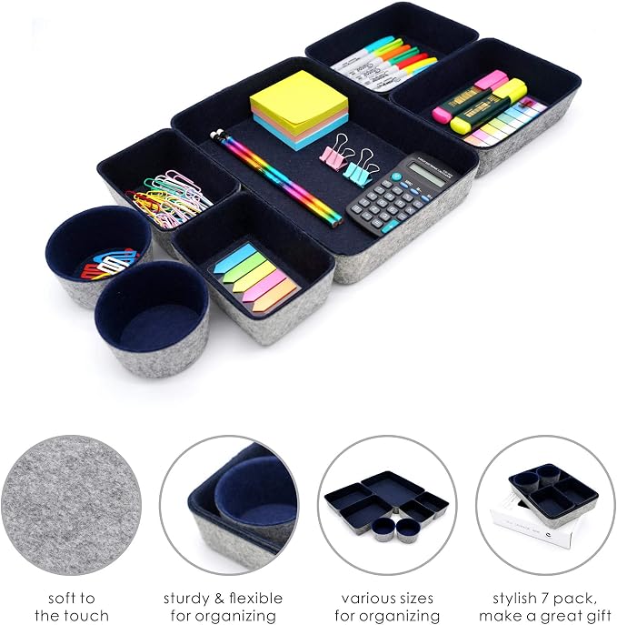 Welaxy 7 Piece Felt Desk Drawer Organizer Storage Bin Navy Catchall Tray | - Image 4