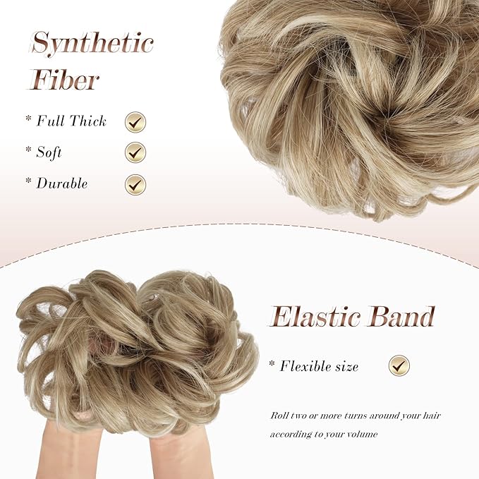 FESHFEN Large Messy Bun Hair Piece - Wavy Synthetic Chignon Scrunchies Elastic Ponytail Hair Extensions Thick Hairpieces for Women, Mixed Blonde and Ash Blonde Tips 1.94oz